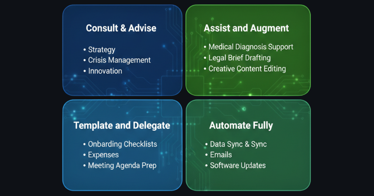 Automation evaluation matrix showing which business processes should be fully automated, augmented, templated, or left to human judgment based on frequency and judgment requirements.