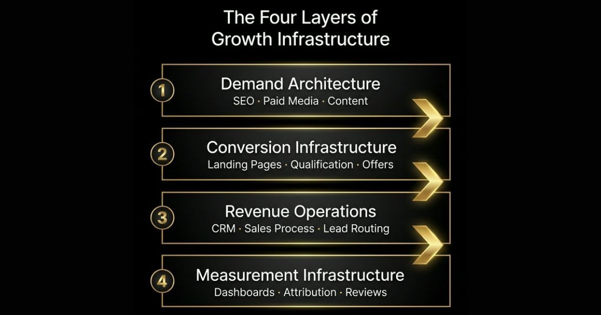 Four layers of growth infrastructure diagram showing demand architecture, conversion infrastructure, revenue operations, and measurement as an integrated system for B2B revenue growth.