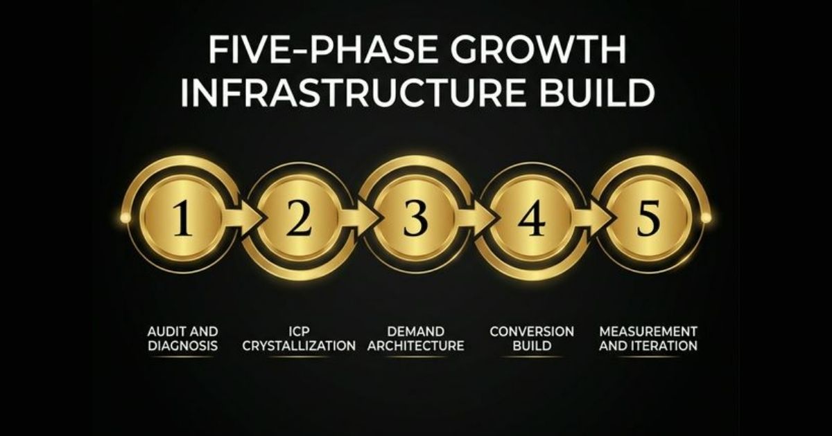 Five-phase growth infrastructure implementation process for B2B companies showing audit, ICP definition, demand architecture design, conversion infrastructure build, and measurement setup.