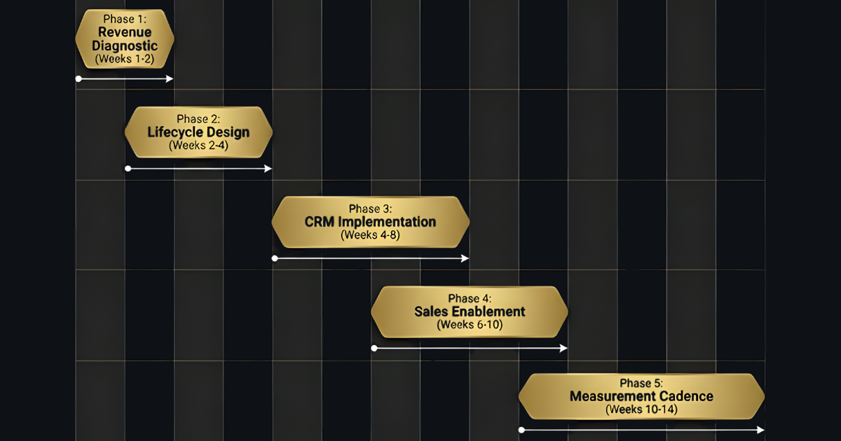 Revenue architecture implementation timeline for B2B companies showing five overlapping phases from revenue diagnostic through measurement cadence over a 14-week period.